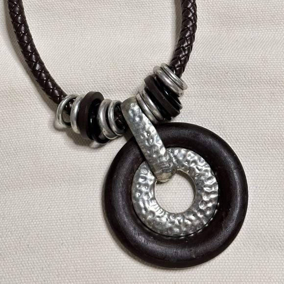 Artisan Necklace Brutalist Statement Brown Wood Ring Silver Tone Braided 3405 W - Picture 9 of 15